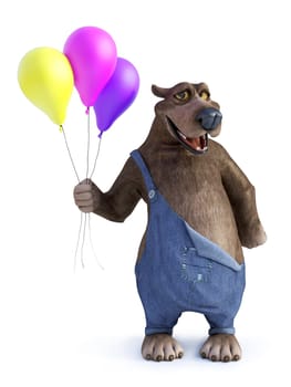 3D rendering of a charming smiling cartoon bear holding three balloons in his hand. White background.