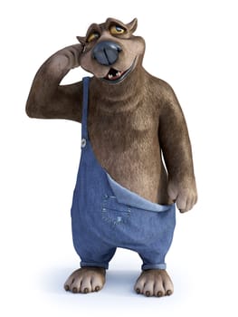 3D rendering of a charming smiling cartoon bear thinking about something, looking a bit confused. White background.