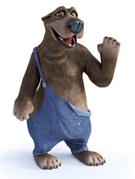 3D rendering of a charming smiling cartoon bear waving hello. White background.