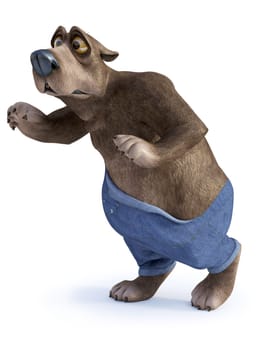 3D rendering of a cartoon bear looking like he is trying to sneak in silence and getting caught red-handed. White background.