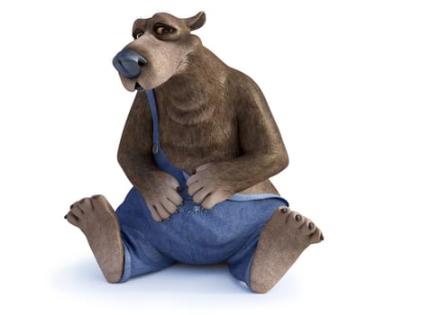 3D rendering of a charming smiling cartoon bear sitting on the floor and looking a bit coy. White background.