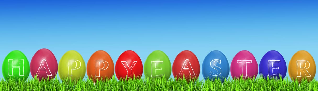 Easter eggs on grass, sky background, Happy Easter text
