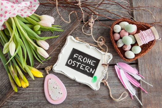 Easter decoration on a rustic wooden background