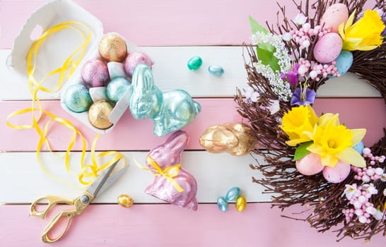 Colorful Easter bunnies and Easter eggs made of chocolate