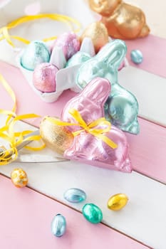 Colourful Easter bunny and chocolate Easter eggs