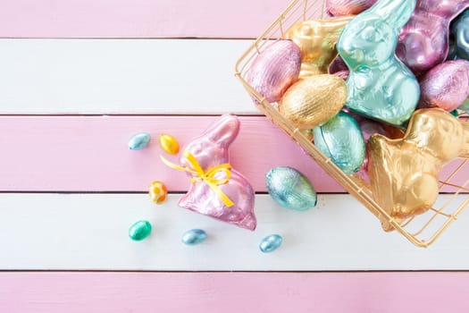 Lots of colorful chocolate Easter bunnies