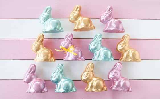 Lots of colorful chocolate Easter bunnies