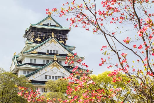 The Landscape view of Osaka castle during the daytime with a blue sky and thin white clouds