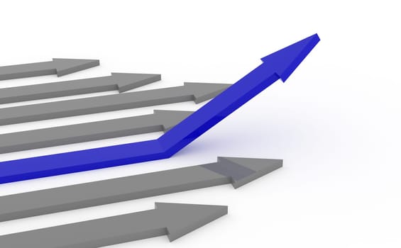 Blue rising arrow on a white background, upswing concept, 3d rendering