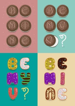 Set of romantic texts for Valentine Day - Be mine, Be my Valentine. Letters are as sweet donuts and chocolate cookies. Illustration