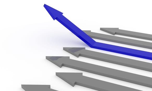 Blue rising arrow on a white background, upswing concept, 3d rendering