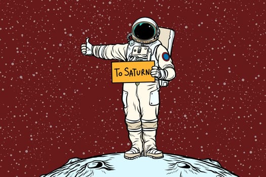 Astronaut hitch rides on Saturn. Pop art retro vector illustration