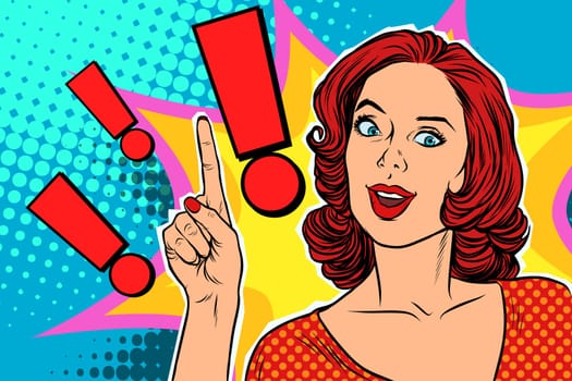 Exclamation point and happy pop art woman. Pop art retro vector illustration