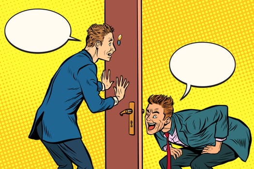 Two men spy each other through the door. Pop art retro comic book vector illustration
