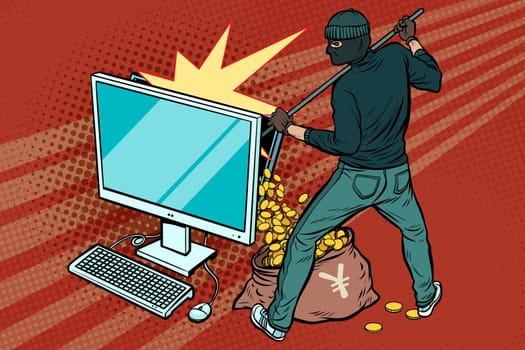Online hacker steals yen money from computer. Pop art retro vector illustration