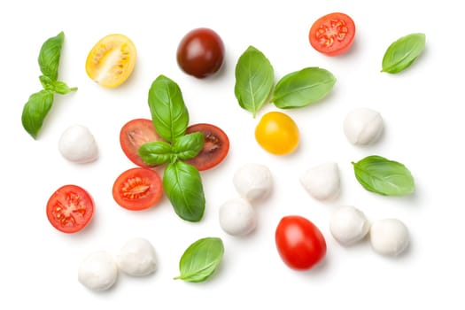 tomatoes,basil and mozzarella isolated on white background. top view