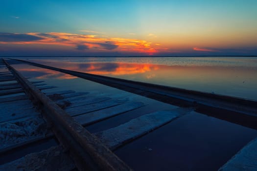 Beauty sunset on salty lake in Altay, Siberia, Russia