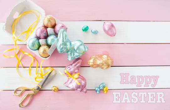 Colorful bunnies made from chocolate for easter