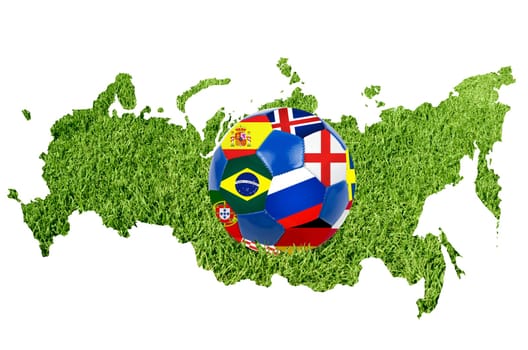 Russia map from green grass with soccer ball