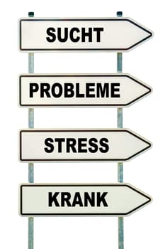 Four cropped signs with the inscription "Addiction,Problems,Stress,Sick"""