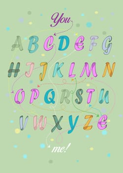 Artistic alphabet with encrypted romantic message - You complete me. Colorful letters with watercolor effect. Green background.  Illustration
