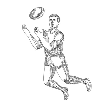 Doodle art illustration of an Aussie Rules football, Australian football or Australian rules football player jumping, rebounding or catching the ball done in black and white.