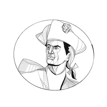 Doodle art illustration of an American patriot, minuteman or revolutionary militia soldier looking to side set inside circle.