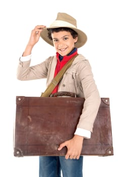 Young boy holding case in Safari clothes isolated in white