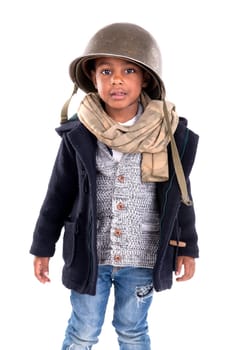 Young boy soldier isolated in white