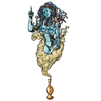Isolated on white background. Female robot the Genie of the lamp. Pop art retro vector illustration