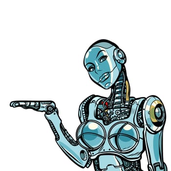 Beautiful woman robot presents. Isolated on white background. Pop art retro vector illustration