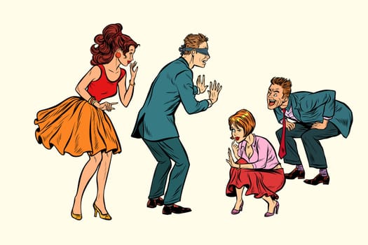 hide and seek game, adults play. Pop art retro comic book vector illustration