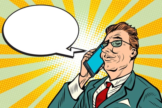 Businessman talking on the phone. Pop art retro vector illustration