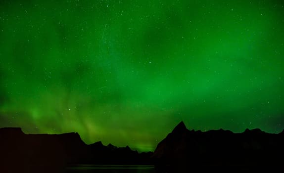 A beautiful green Aurora borealis or northern lights, Norway