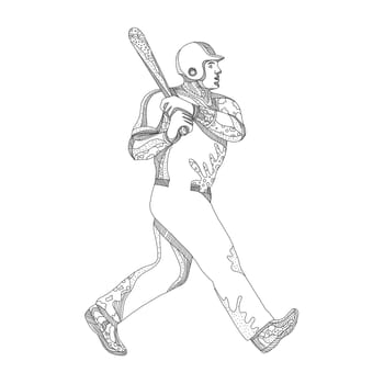 Doodle art illustration of a baseball player batting with bat viewed from side on isolated background done in black and white.
