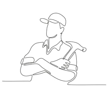 Continuous line drawing illustration of a builder, carpenter or construction worker arms crossed with hammer done in sketch or doodle style.