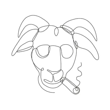 Continuous line drawing illustration of a bill goat wearing sunglasses and smoking a cigar viewed from front done in sketch or doodle style.