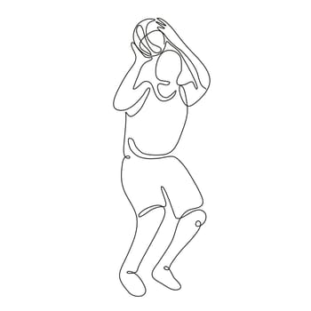 Continuous line drawing illustration of a basketball player shooting ball in free throw viewed from front done in sketch or doodle style.