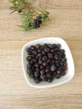 Dried juniper berries and a juniper sprig