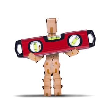 Box character manual worker holding a large spirit level tool. Workman and tool isolated concept artwork on a white background with copy space