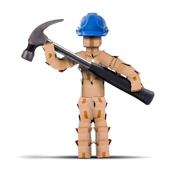 Boxman digital character workman with hard hat and holding a large hammer tool. Work and tool isolated concept artwork on a white background with copy space