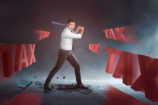 Handsome asian businessman swinging baseball bat to tax text on black background