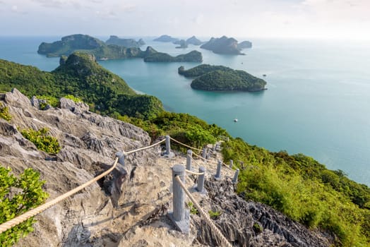Stairway up to the scenic point beautiful nature landscape of island and sea during summer from Ko Wua Ta Lap viewpoint in Mu Ko Ang Thong National Marine Park, Surat Thani, Thailand