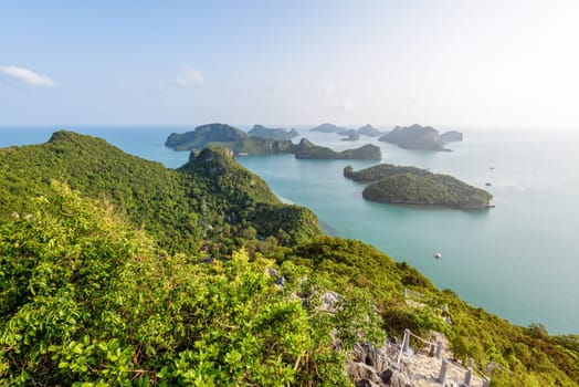 High angle view beautiful nature landscape of island and sea in the morning sky from Ko Wua Ta Lap viewpoint in Mu Ko Ang Thong National Marine Park, Surat Thani, Thailand