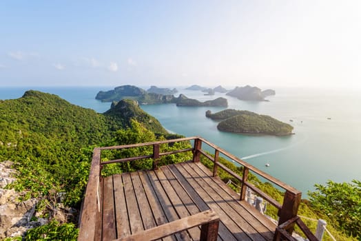 Podium viewpoint on peak mountain at Ko Wua Ta Lap island and high angle view beautiful nature landscape of island and sea in Mu Ko Ang Thong National Marine Park, Surat Thani, Thailand
