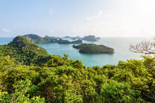 High angle view beautiful nature landscape of island and sea in the morning sky from Ko Wua Ta Lap viewpoint in Mu Ko Ang Thong National Marine Park, Surat Thani, Thailand