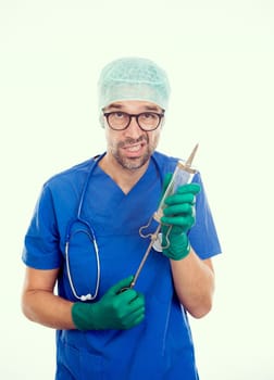 funny doctorwith big injection in front of white background