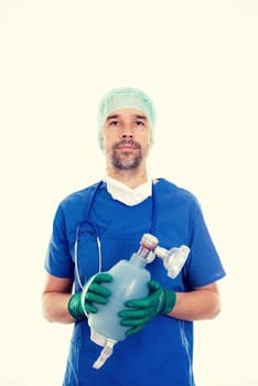 young anesthetist with resuscitation bag  in front of white background