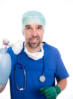 angry anesthetist with resuscitation bag  in front of white background