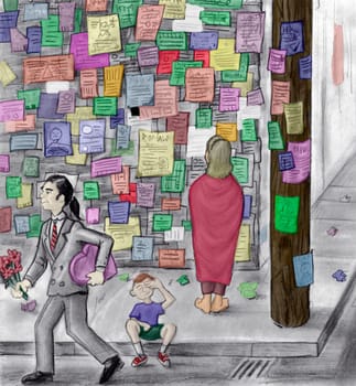 Illustration of many signs and advertisements on a building wall and telephone pole with three people nearby. One of three people reading many advertisements on a wall